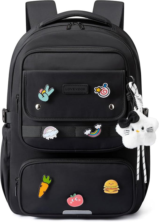 LOVEVOOK School Backpack for Teen Girl, Cute Bookbag with Large Bottle Holder, Lightweight Elementary Middle High School Student Backpack Fits 15.6 Inch Laptop, Back to Schools Kid Gift, Black