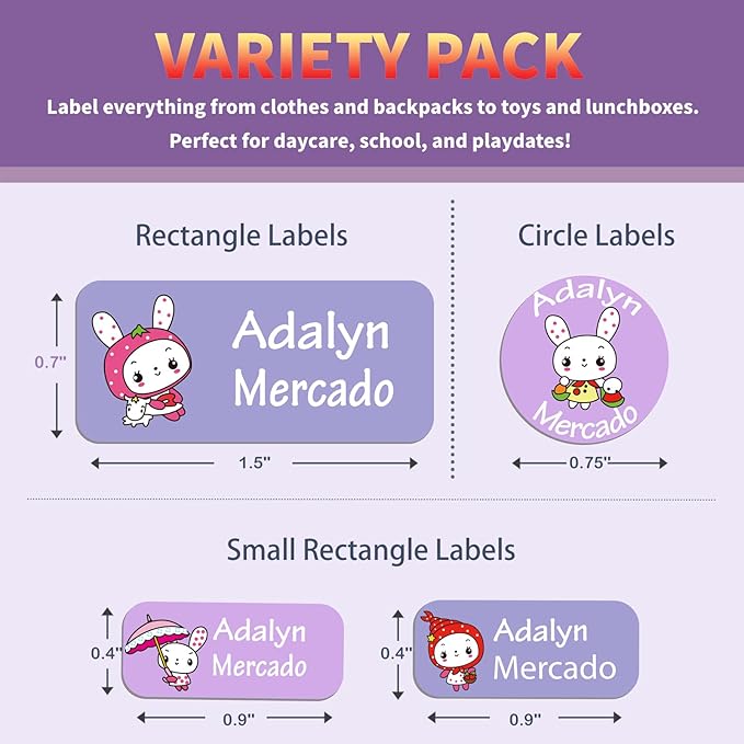 Custom Personalized Name Labels for Kids-(200-1000Labels) Waterproof Name Stickers Tags for School&Daycare,Clothing Tags,Washable&Durable Labels for Lunch Boxes, Bottles,Toys&GEA (Rabbit)