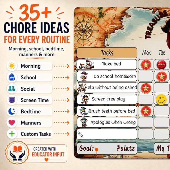 Mimi Doodle Magnetic Chore Chart for Kids – 16x12 Dry Erase Daily Responsibility Board for Fridge with 39 Chore tabs, 100 Reward Stickers – Behavior Chart for Kids at Home – Pirate Theme