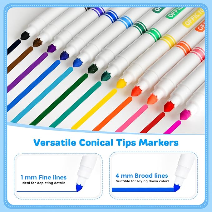 Officygnet 240 Count Washable Markers Bulk, 12 Assorted Colors, Conical Tip with Fine & Broad Line Coloring Marker for Kids, Markers Bulk for Classroom, School Art Supplies, Back to School Essentials
