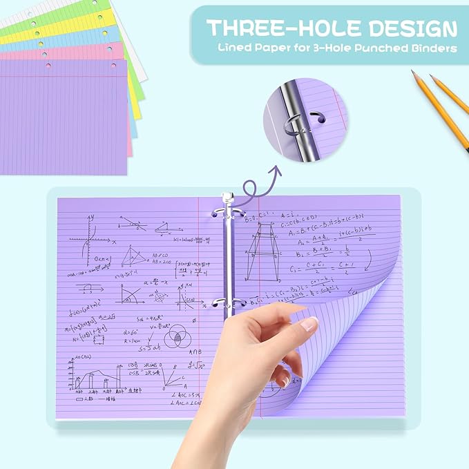 Loose Leaf Paper 8" x 10.5" Colored Filler Paper 120 Sheets 3 Hole Punched Lined Paper 8 X 10.5 College Ruled Notebook Paper for 3-Ring Binders Notepad Writing Note Pads for Home,Office,School Supplie