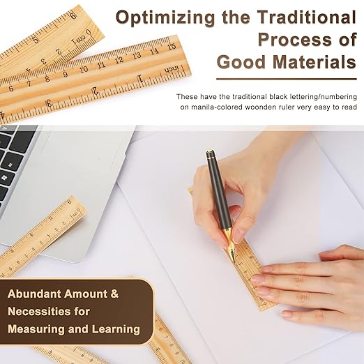 Zonon 100 Pcs Wooden Ruler Bulk Wood Measuring Ruler Office 2 Scale for School Education Families Kids Students (6 Inch)