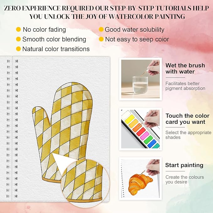 2-Pack Beginner Watercolor Workbooks: 24 Coloring Pages + 12 Watercolor Paints + Brush – 300gsm/140lb Paper – Gift for Women, Adults & Beginners (Autumn & Kitchen)