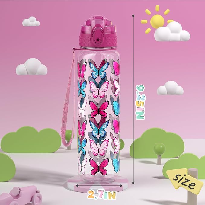 OLDLEY 17oz Kids Water Bottle, Tritan BPA-Free, Leakproof Flip Straw Lid, Motivational Time Marker, Carry Strap, Reusable Clear Water Bottle for Boys & Girls,Colorblock Butterflies