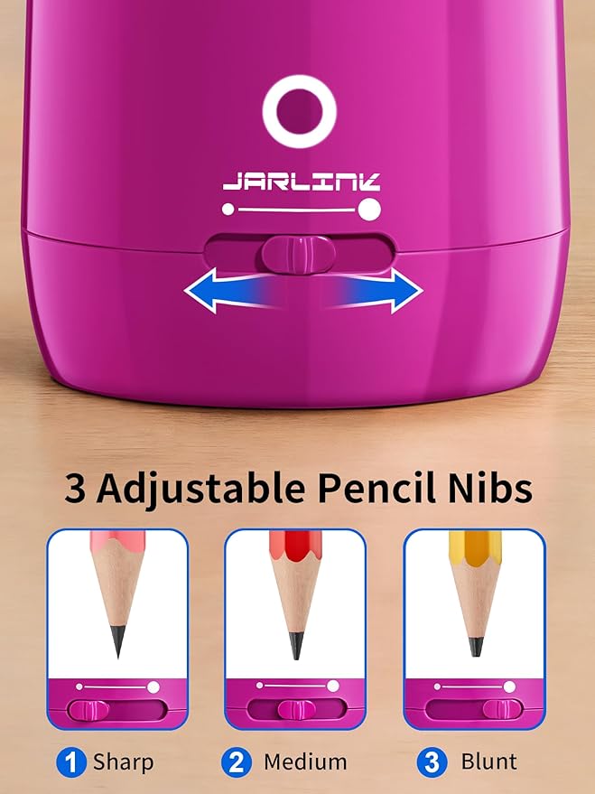 JARLINK Automatic Electric Pencil Sharpener - Hands-Free Operation, 3 Sharpness Modes, 3-Second Sharpening, Rechargeable & Portable for 7-12mm Pencils, Ideal for Classroom and Home Use (Pink)