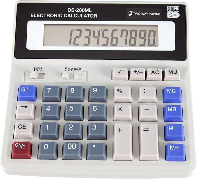 Large Desktop Calculator with 12-Digit Display, Large Plastic Buttons for Easy Operation and Viewing, Dual Power Supply: Battery (with Battery Slot) and Solar