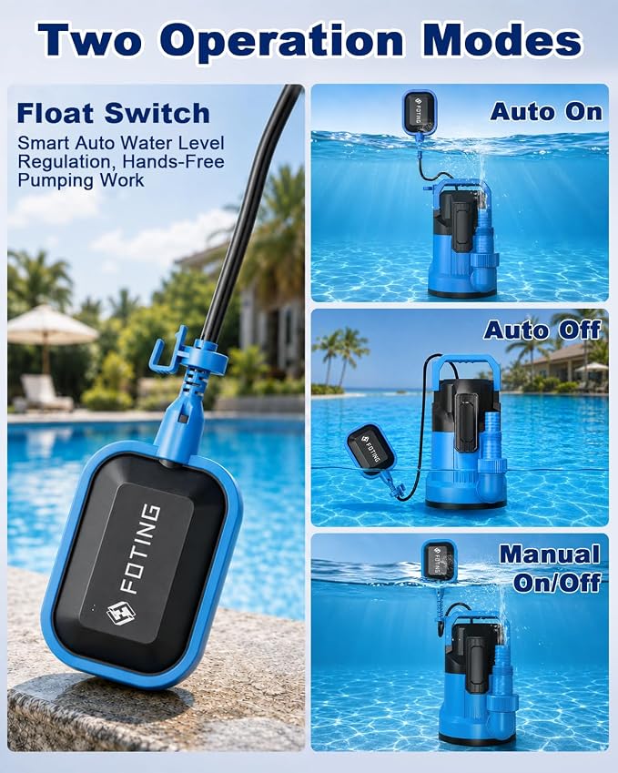 FOTING Sump Pump, High Flow Clean&Dirty Submersible Water Pump with Float Switch, Thermoplastic Electric Portable Utility Pump for Pool Draining Hot Tub Garden Basement, Large