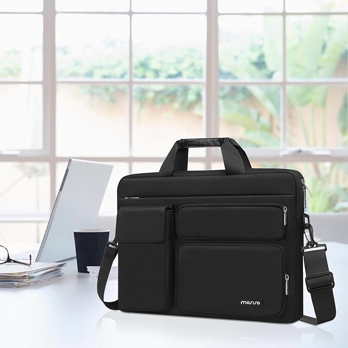 MOSISO Laptop Shoulder Bag 17.3 inch, 17-17.3 inch Computer Bag Compatible with Dell XPS/HP Pavilion/Ideapad/Acer/Alienware/HP Omen with 2 Raised&1 Flapover&1 Horizontal Pocket&Handle&Belt, Black