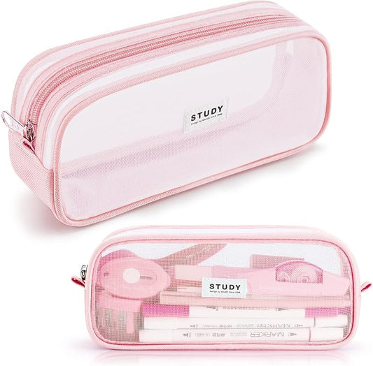 KALIDI Grid Mesh Pencil Case Pouch Large Capacity Pencil Bag with Zipper | Big Pencil Pouch Pink Simple Stationery Bag Aesthetic Pen Bag for School Teen Girl Boy Multi-Purpose Bag for Office Men Women