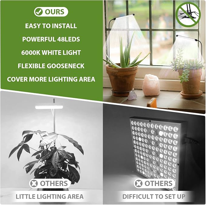 Grow Light for Indoor Plants Growing, 6000K Full Spectrum Gooseneck Plant Lamp for Seedings Succulents Small Plants, Auto On/Off Timing & 5 Dimming, 2-Pack