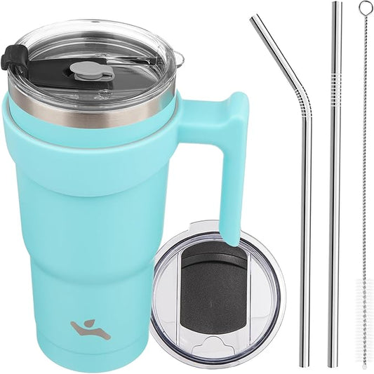 Konokyo 20 oz Tumbler with Handle and 2 Straw 2 Lid, Insulated Water Bottle Stainless Steel Vacuum Cup Reusable Travel Mug,Turquoise