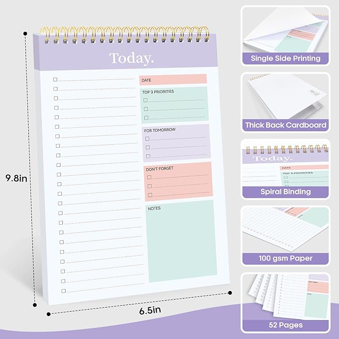 To Do List Notepad - To Do List Notebook for Work with 52 Sheets, 9.8" x 6.5", Undated Daily Planner Perfect for Daily Tasks and Goal Setting, Notepad Suitable for Office, Home & School - Pale Purple