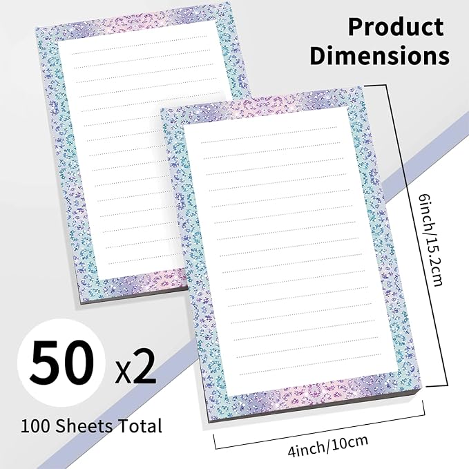 2 Pack Lined Sticky Notes 4x6 in, Cute Self-Stick Notepads with Lines, Large Memo Pads Strong Adhesive for Office, Home Glitter Leopard