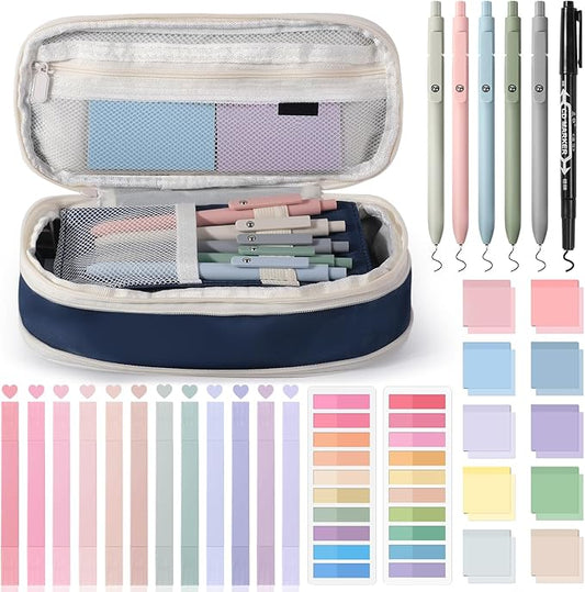 49Pcs Book Annotation Kit - Aesthetic School Supplies with Cute Pen Case Highlighters Gel Pens and Marker, Sheets Transparent Index Tabs Sticky Notes Bible Study Supplies(Dark Blue)