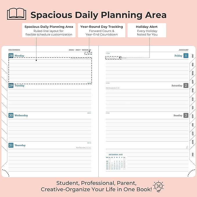 Planner 2026-2027 Daily Weekly and Monthly,8.5"x6.5",18 Months Spiral Bound Calendar Agenda with Self-adhesive Pen Holder,2026 Academic Plan with Vegan Leather Soft CoverPink