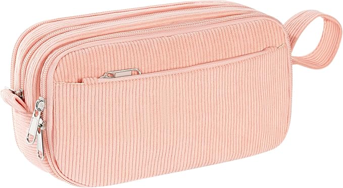 TESAFNG Corduroy Pencil Case, Large Capacity Pencil Pouch with 4 Compartments, Cute Soft Aesthetic Stationery Pen Bag Organizer with Zipper, Portable School Supplies for Teen and Adult Girls, Pink