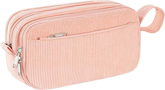 TESAFNG Corduroy Pencil Case, Large Capacity Pencil Pouch with 4 Compartments, Cute Soft Aesthetic Stationery Pen Bag Organizer with Zipper, Portable School Supplies for Teen and Adult Girls, Pink