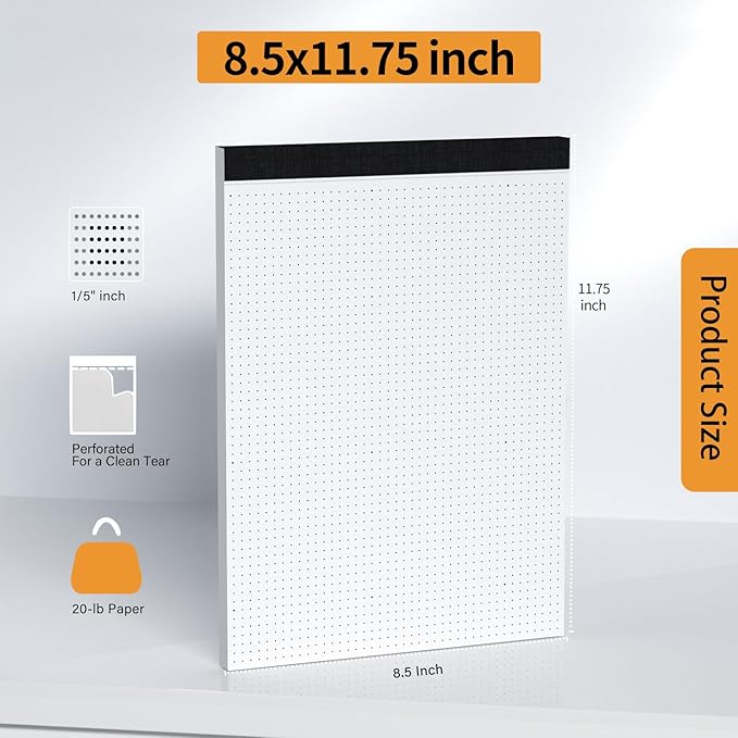 AILZFEI Dot Grid Desk Notepad 2 Pack 8.5 x 11 Dot Paper Pad, 30 Sheets per Pad, White, 5x5 (5 Dots per inch), Easy-Tear Perforations, 8.5"x11" Dot Grid Paper Note Pad