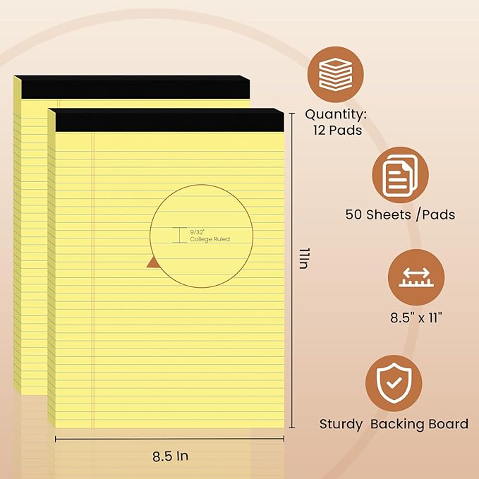12Packs Legal Pads 8.5 x 11 Inch, 50Sheets/Pack, College Ruled & Perforated Yellow Writing Pads, Pads of Paper 8.5 x 11, Lined Note Pads with Sturdy Backing for Office, Business & School Supplies
