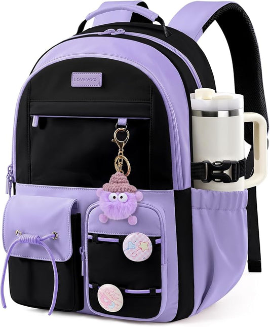 LOVEVOOK School Backpack for Girls Ages 8-16，Cute Student Bookbag for Teen Girls Kids Back to School with Cup Holder, DIY Ita Bag Fit 15.6 Inch Laptop for Elementary & Middle School