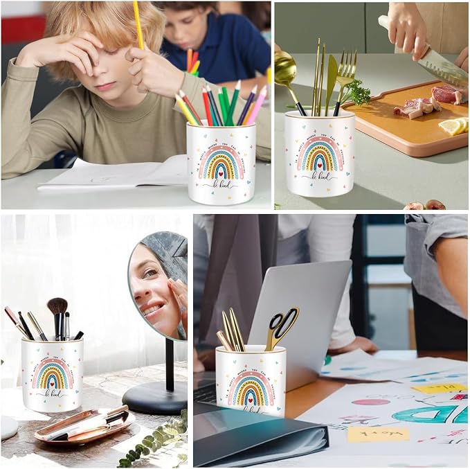 Pen Holder, Ceramic Durable Pencil Cup for Desk， Simple&Modern Style Makeup Organizer, Cute Multifunctional Office Supplies for Home, Kids and School, Rainbow Pattern