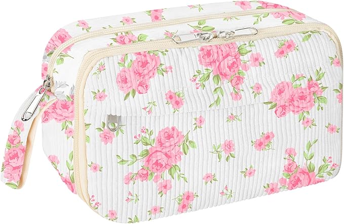 WOBAGMEN Cute Pencil Case,Large Corduroy Zippered Pencil Case Pouch, aesthetic Pencil Bag with Compartments, Pencil Pouch School Supplies (Big Pink Floral)