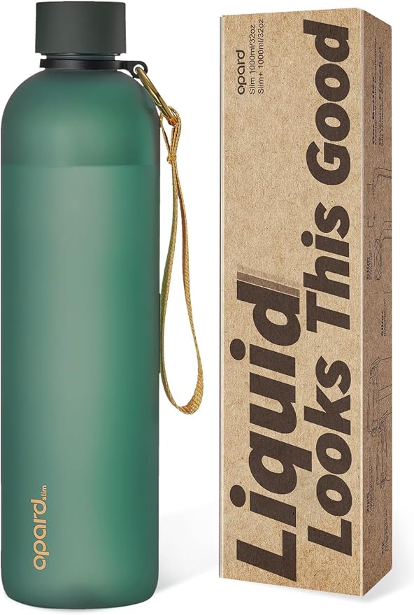 Opard Slim Water Bottle 32oz, Dishwasher Safe Plastic Water Bottle BPA-Free, Leakproof Screw Top, Forest Green, Reusable for Travel School Sport Gym Hiking