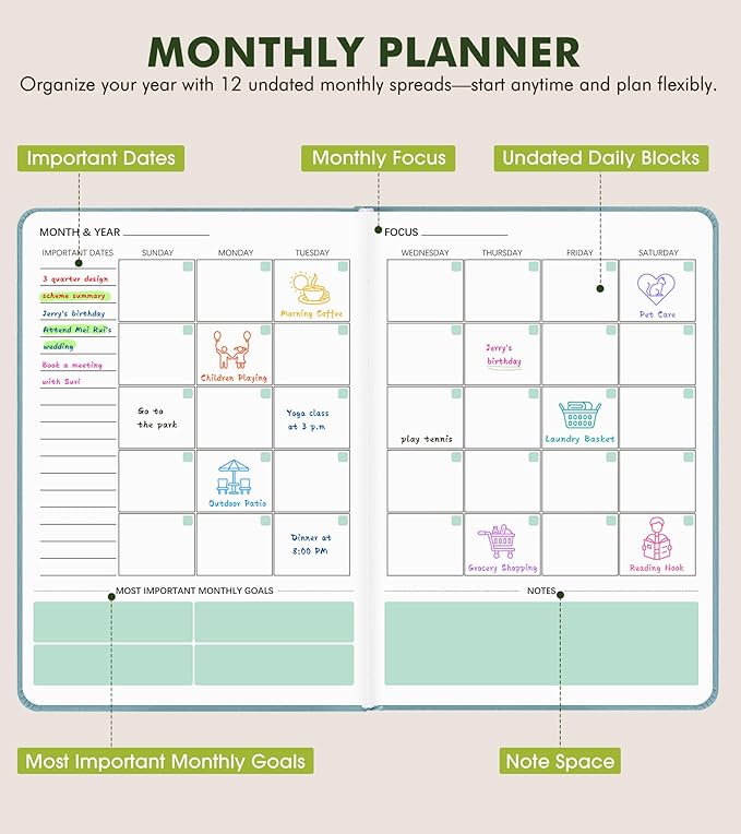 Undated Weekly and Monthly Planner, Hardcover Leather Calendar Blank Planner, Simplified To Do List Notebook with Goal & Habit Tracker Organizer, A5 Daily Weekly Planner for Work School Home, Blue