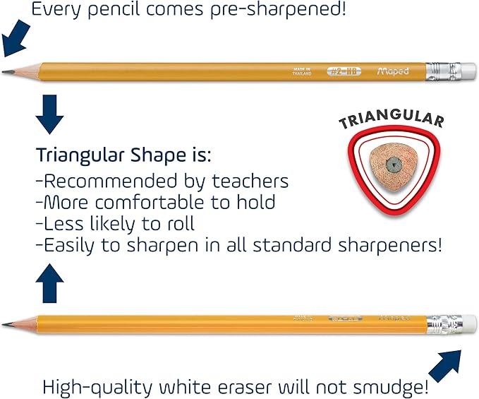 Maped Essentials Triangular Yellow Graphite Pencils #2 – Variety for Comfortable Writing – Smooth, Durable, Latex-Free – Essentials Yellow Pack of 576