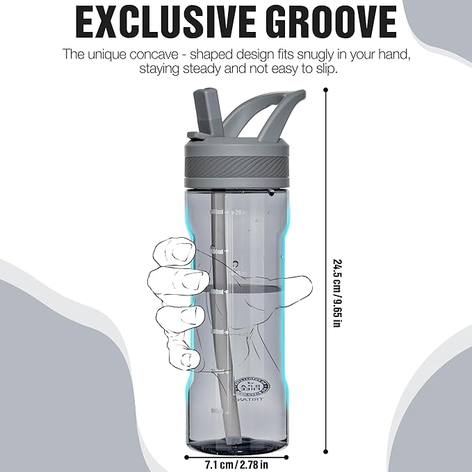 OLDLEY 20oz Kids Water Bottle with Straw, BPA-Free Tritan Water Bottle for School, Leakproof Clear Water Bottle with One Click Open, Measurement Scale, Cup Holder Friendly for Boys Girls,Grey
