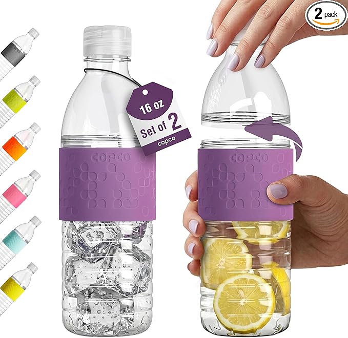 Copco Hydra 16 oz Water Bottle, Set of 2 – Leak Proof, BPA Free Tritan, Dishwasher Safe, Twist-Open Body, Non-Slip Silicone Grip, Perfect for Gym & Travel, Daily Hydration (Purple)