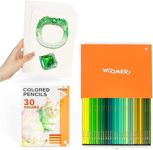 Woomer Premium Colored Pencils with Paper: 30 Forest Colors, 3.8mm Soft Core, High Color Payoff, Not Easy to Break with 20 Sheets of Durable Fine-grained Paper