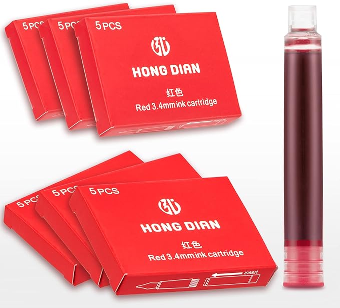 Hongdian Fountain Pen Red Ink Cartridges, 30 Refill Ink Cartridges, 3.4 mm Bore Diameter
