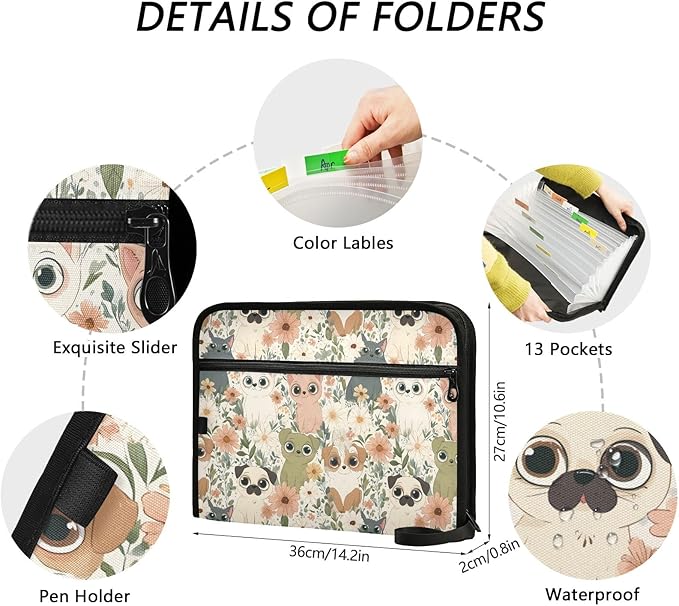 Cats Dogs Flowers Pattern 13 Pocket File Organizer Expanding File Folder with Front Pouch Portable Business File Storage Document Organizer Folder with Zipper