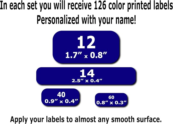 126 Personalized Waterproof Name Labels. Press and Stick Multi use Custom Name Labels. Highly Durable Customized Name Stickers with Permanent Self Adhesive. Great for School, Daycare or Camp.