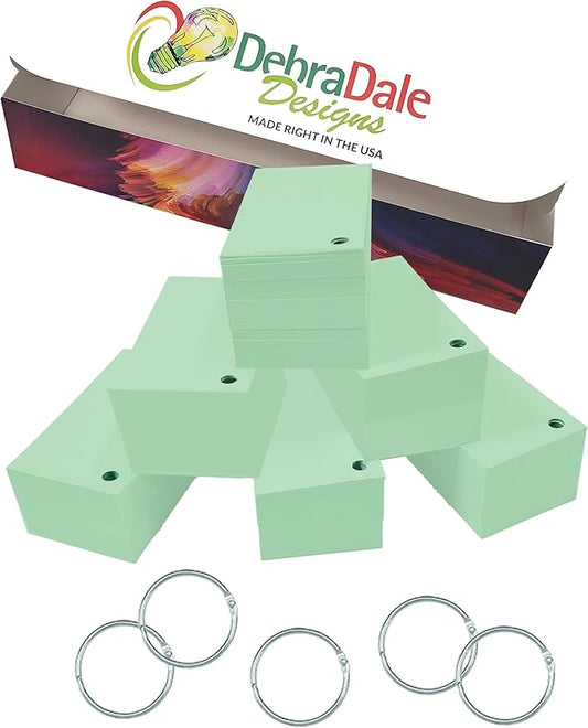 Debra Dale Designs - Blank Flash Cards - 3.5 x 2 Inches - Green - Box of 1,000 - Standard 110# Index Card Stock - 5 Binder Rings Included - Storage Box with Lid
