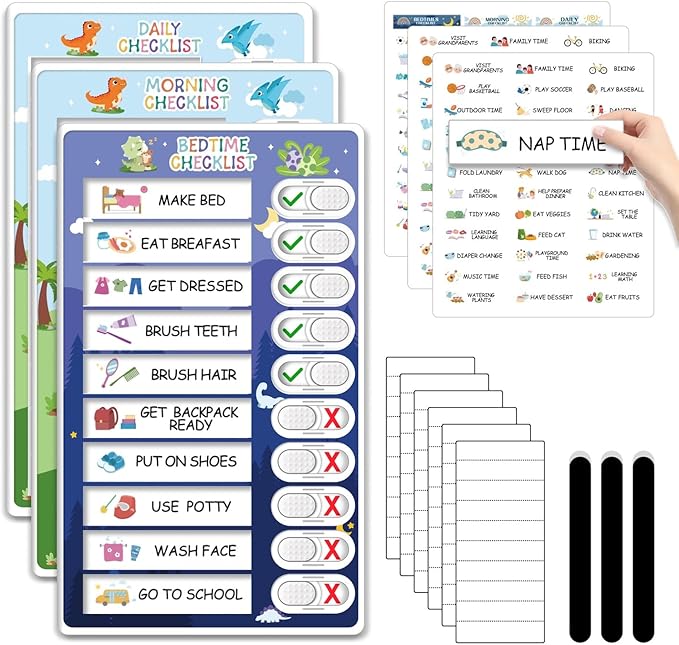 3 in 1 Bedtime/Morning/Daily Routine Chart for Kids, Magnetic Chore Chart for Kids with Cute Chore Stickers, Visual Schedule for Kids with Autism, Cute to Do List Checklist for Kids