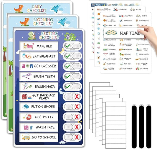 3 in 1 Bedtime/Morning/Daily Routine Chart for Kids, Magnetic Chore Chart for Kids with Cute Chore Stickers, Visual Schedule for Kids with Autism, Cute to Do List Checklist for Kids