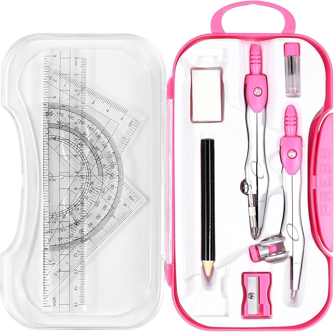 Unjoo Math Geometry Kit Sets 10 Piece Student Supplies with Shatterproof Storage Box,Includes Rulers,Protractor,Compass,Eraser,Pencil Sharpener,Lead Refills,Pencil,for Drafting and Drawings（Pink）