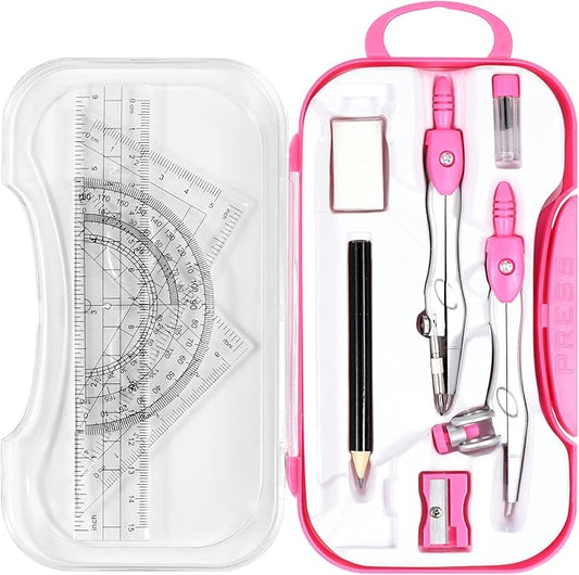 Unjoo Math Geometry Kit Sets 10 Piece Student Supplies with Shatterproof Storage Box,Includes Rulers,Protractor,Compass,Eraser,Pencil Sharpener,Lead Refills,Pencil,for Drafting and Drawings（Pink）