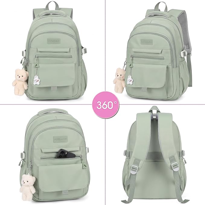 PRLINJSK Girls Backpack for College High Middle School Student, Cute Aesthetic Bookbag for Teens Women with Accessories,Green