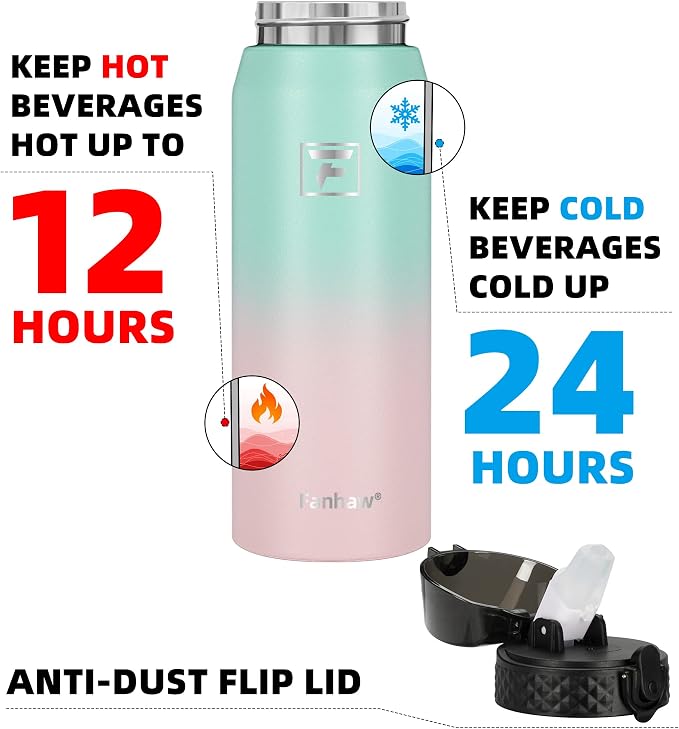 Fanhaw 24 Oz Kids Insulated Stainless Steel Water Bottle with Straw Lid, Leakproof & Anti-Dust Everyday Use Bottle for School, Women & Men, Back to School Essentials (Green Pink)