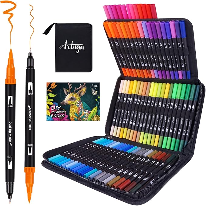 Artugn Dual Markers Brush Pens for Adult Coloring Books, 72 Colors Art Marker Set with Fine & Brush Tip Pen for Bullet Journaling, Coloring, Drawing, Hand Lettering, Calligraphy, Art Supplies