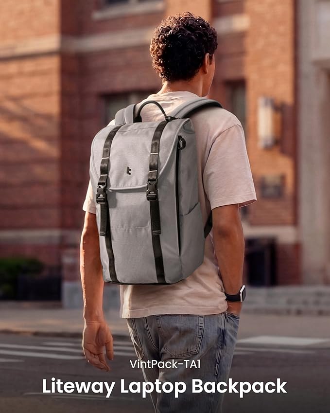 tomtoc Flap Laptop Backpack, Lightweight, Water-Resistant Casual Daypack, Durable Work-pack, Vintage Classic Rucksack for 13-16 Inch Laptop, perfect for Campus, Street, 22L