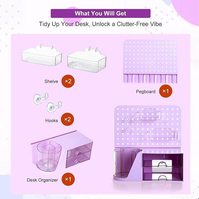 Comix Desk Organizer with Drawer, 360° Rotating Pen Holder for Desk, Pen Organizer with 5 Slots Pencil Holder+Pegboard+2 Drawer for Office Home Art Supplies (Purple)