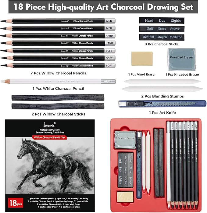 Brusarth Charcoal Pencils for Drawing, 18 Pcs Art Pencil Kit, Professional Sketching Pencil, Art Supplies for Drawing, Shading, Sketching, Blending, Artist Pencils for Beginners & Artists