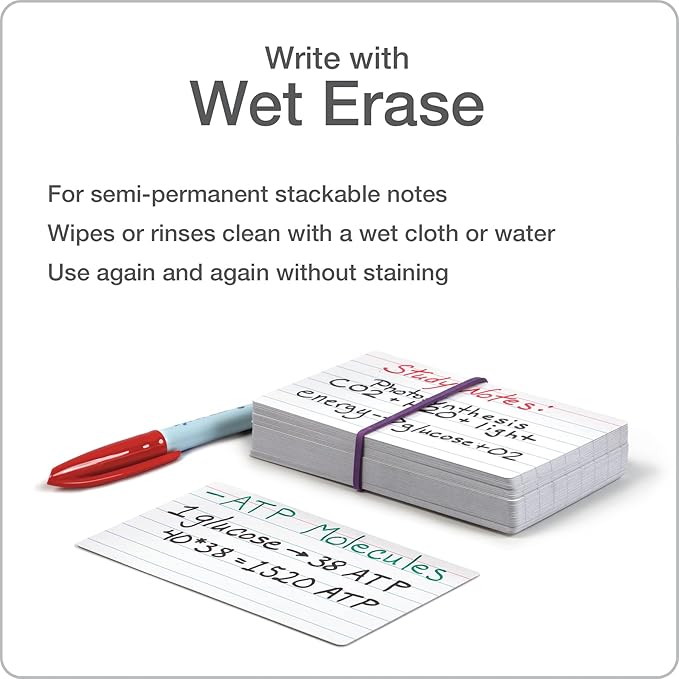 Oxford Dry Erase Index Cards, 3x5 Ruled, Reusable Flash Cards, Double Sided Dry & Wet Erase Cards for Gaming, Study or Vocabulary, 48-Pack (63517)