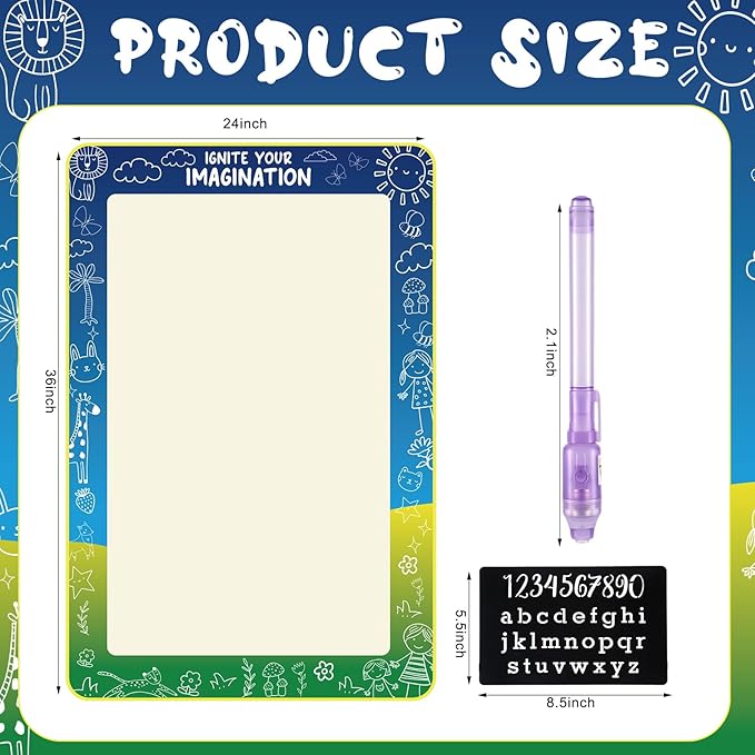 Dunzoom Light Reactive Drawing Surface Board 36 x 24 Inch Bright Glow Effect with 2 Purple Light LED Pens and 1 Number Alphabet Stencil for Drawing Writing Doodle Glow in The Dark Party Favors