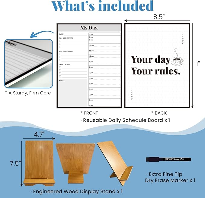 JJPRO Reusable Desktop Daily Planner with Stand,Hourly Dry Erase Board,11"x8.5"Schedule Board,Dry Erase Time Schedule with Time Slots, Desk Hourly Dry Erase Board w/Engineered Wood Stand