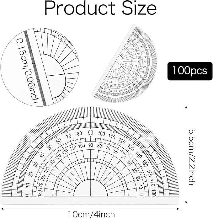 100 Pcs 4 Inch Clear Plastic Protractor Bulk Math Protractors Set 180 Degrees Geometry Drafting Tools for Classroom Industry Office Back to School Supplies
